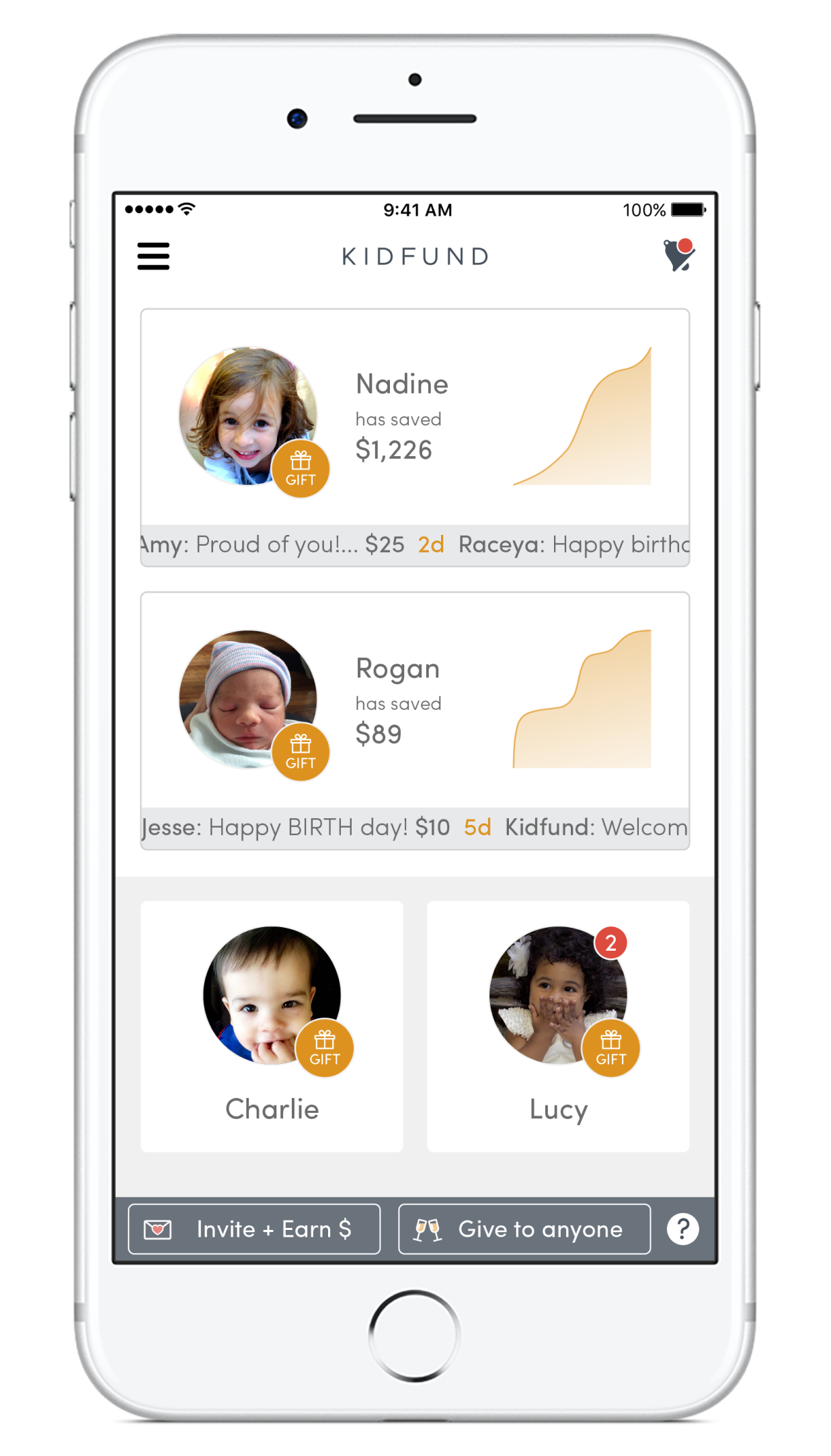 The home page of the app gives parents an instant sense of how their kids’ funds are growing, plus easy access to gifting for kids they follow.